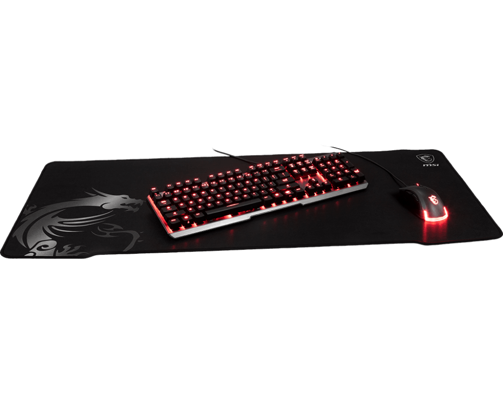 Grand tapis de souris noir MSI Agility GD70 surface lisse et bords cousus accueillant un clavier et une souris PC gamer sur FlowUP
