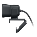 Vue de profil webcam streaming Logitech StreamCam noire avec fixation moniteur ajustable et câble de connexion USB C FlowUP
