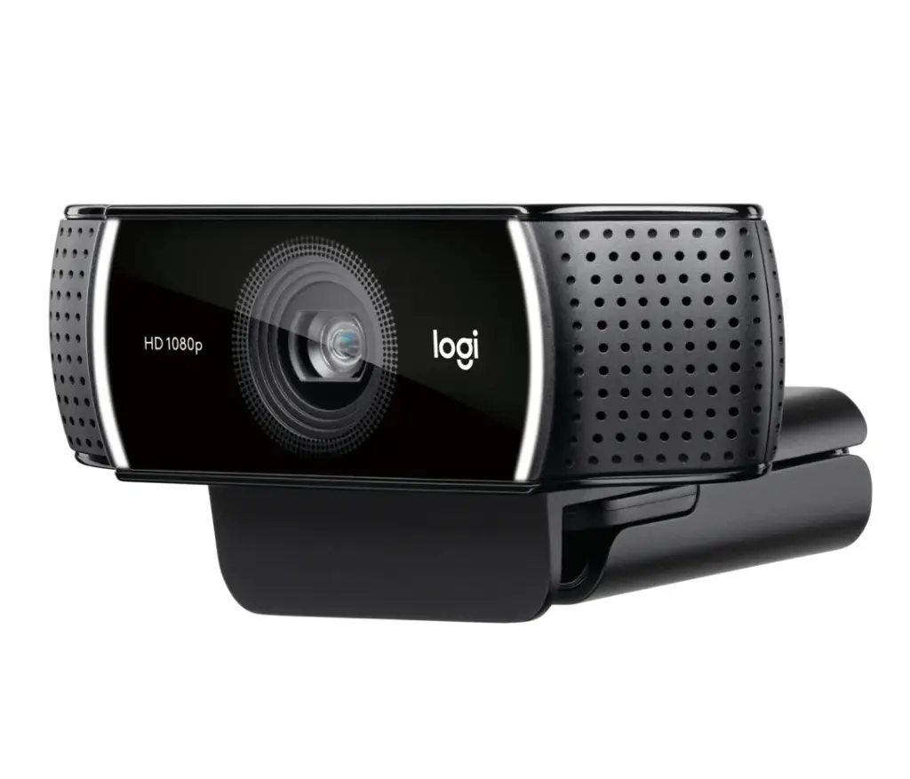 Vue de trois quarts webcam streaming Logitech C922 Pro Stream HD 1080p avec design compact et fixation ajustable FlowUP