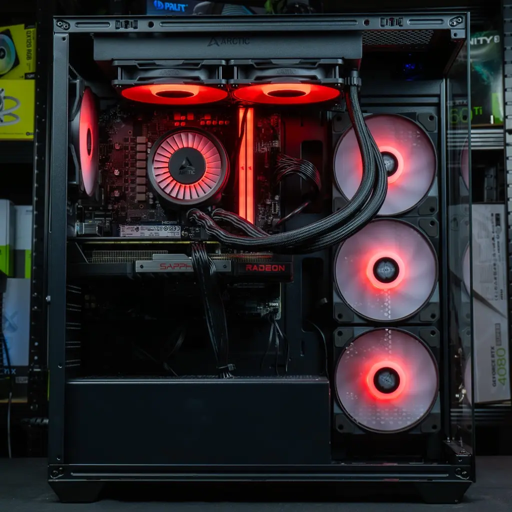 Vue d'ensemble interne du PC gamer Rift RX 9060 XT : carte graphique Sapphire Radeon, processeur AMD Ryzen 5 9600X sous un waterblock Arctic Liquid Freezer III 240 ARGB, et quatre ventilateurs ARGB rouges