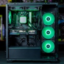 Vue d'ensemble interne du PC gamer Rift RX 9060 XT : carte graphique Sapphire Radeon, processeur AMD Ryzen 5 9600X sous un waterblock Arctic Liquid Freezer III 240 ARGB, et quatre ventilateurs ARGB rouges