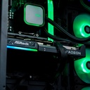 Gros plan sur la carte graphique Sapphire Radeon installée dans le PC gamer Rift RX 9060 XT, avec son logo rétroéclairé en rouge et ses caloducs visibles au-dessus du ventilateur arrière