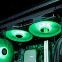 Gros plan sur les deux ventilateurs Arctic du radiateur supérieur du PC Rift RX 9060 XT, éclairés en rouge intense et fixés sous le châssis noir