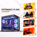 Visuel promotionnel du PC gamer Aqua performances en 1440p : 258 FPS sur Cyberpunk, 313 FPS sur Counter Strike 2, 98 FPS sur ARC Raiders et 61 FPS sur Battlefield 6
