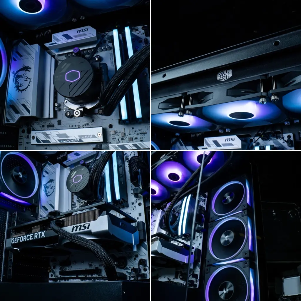 Composants internes du PC gamer Cheetoh Remastered avec watercooling Cooler Master et carte graphique GeForce RTX