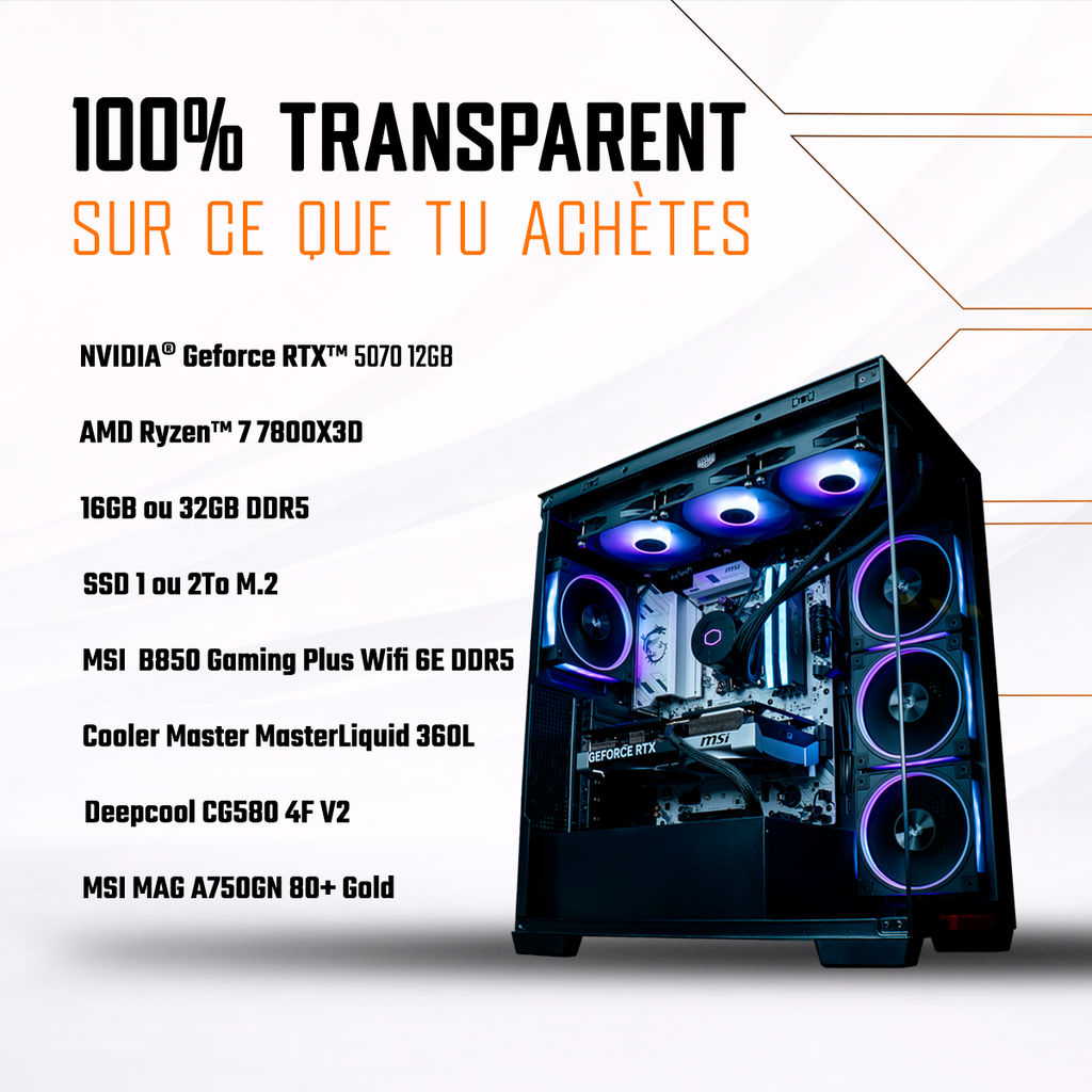 Fiche technique du PC gamer Cheetoh Remastered avec NVIDIA GeForce RTX 5070, Ryzen 7 7800X3D et 32GB DDR5