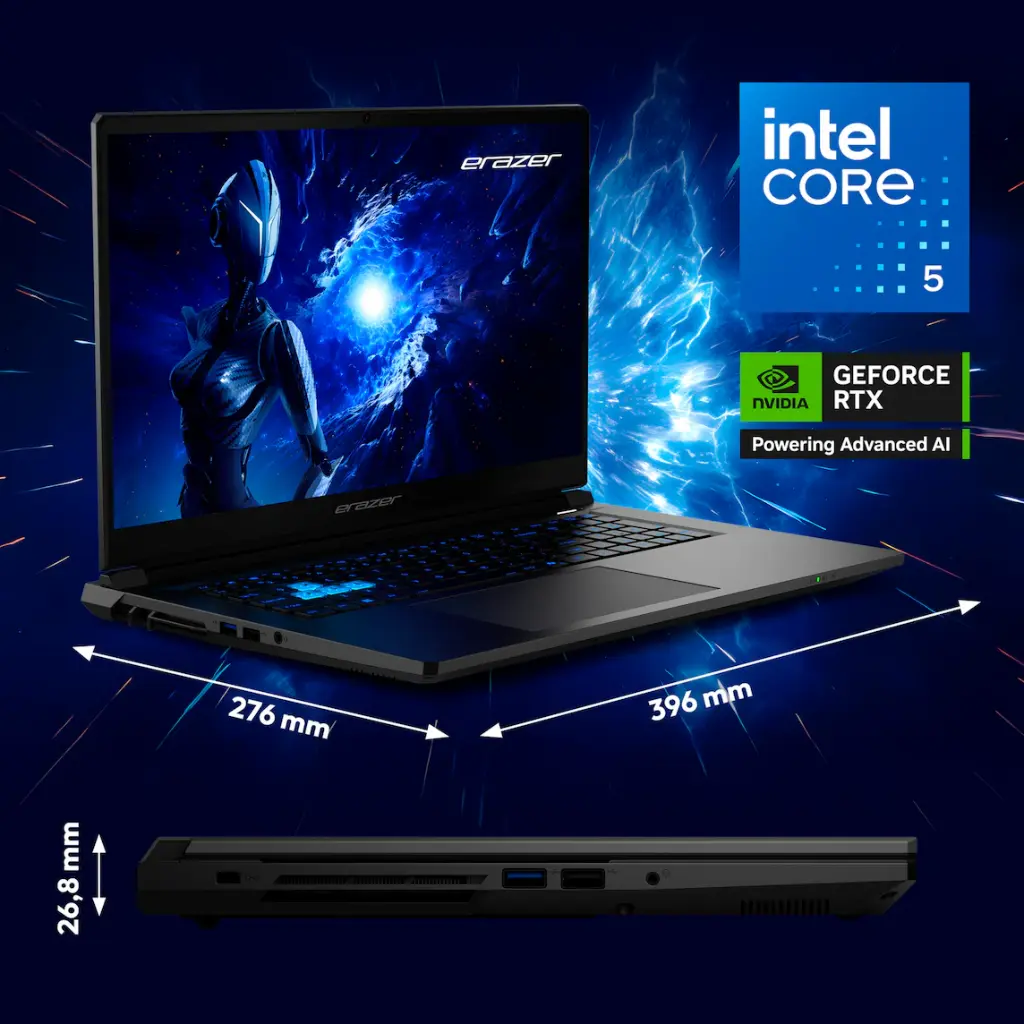 PC portable gamer ERAZER Scout E1 17 pouces Intel Core i5 RTX 5050 16Go DDR5 écran 144Hz dimensions 396mm 276mm 26 8mm design gaming performant