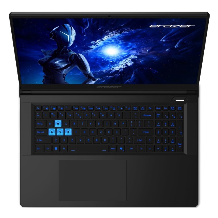 Vue dessus PC portable gamer ERAZER Scout E1 RTX 5050 Intel Core i5 17 pouces clavier rétroéclairé écran Full HD 144Hz design noir