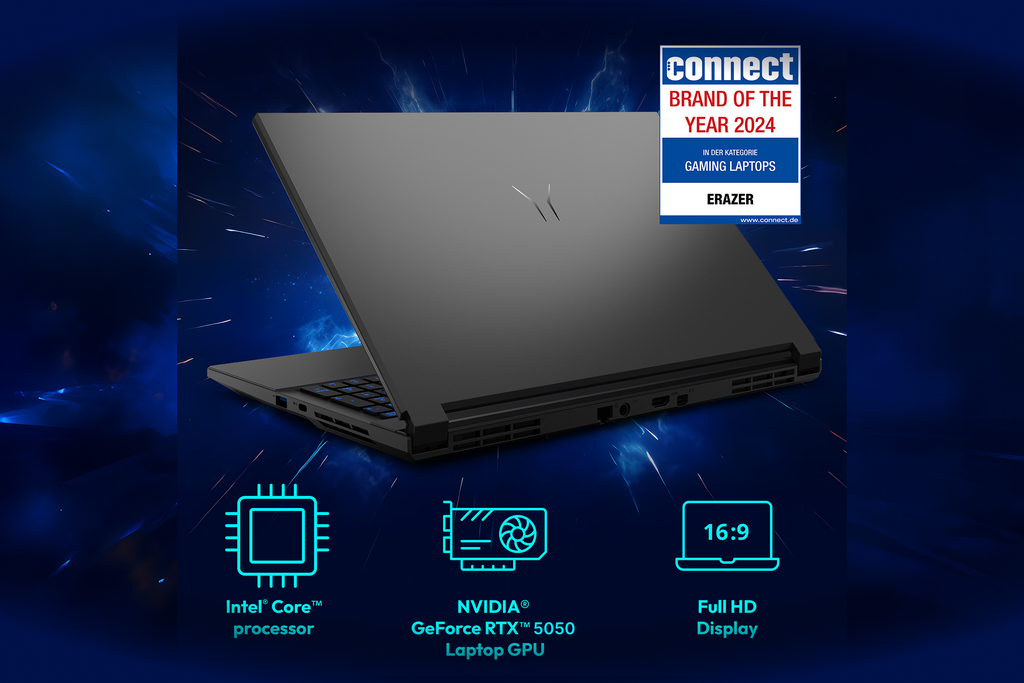 PC portable gamer ERAZER Scout E1 Intel Core i5 GeForce RTX 5050 écran Full HD 16 9 144Hz design noir gaming performant