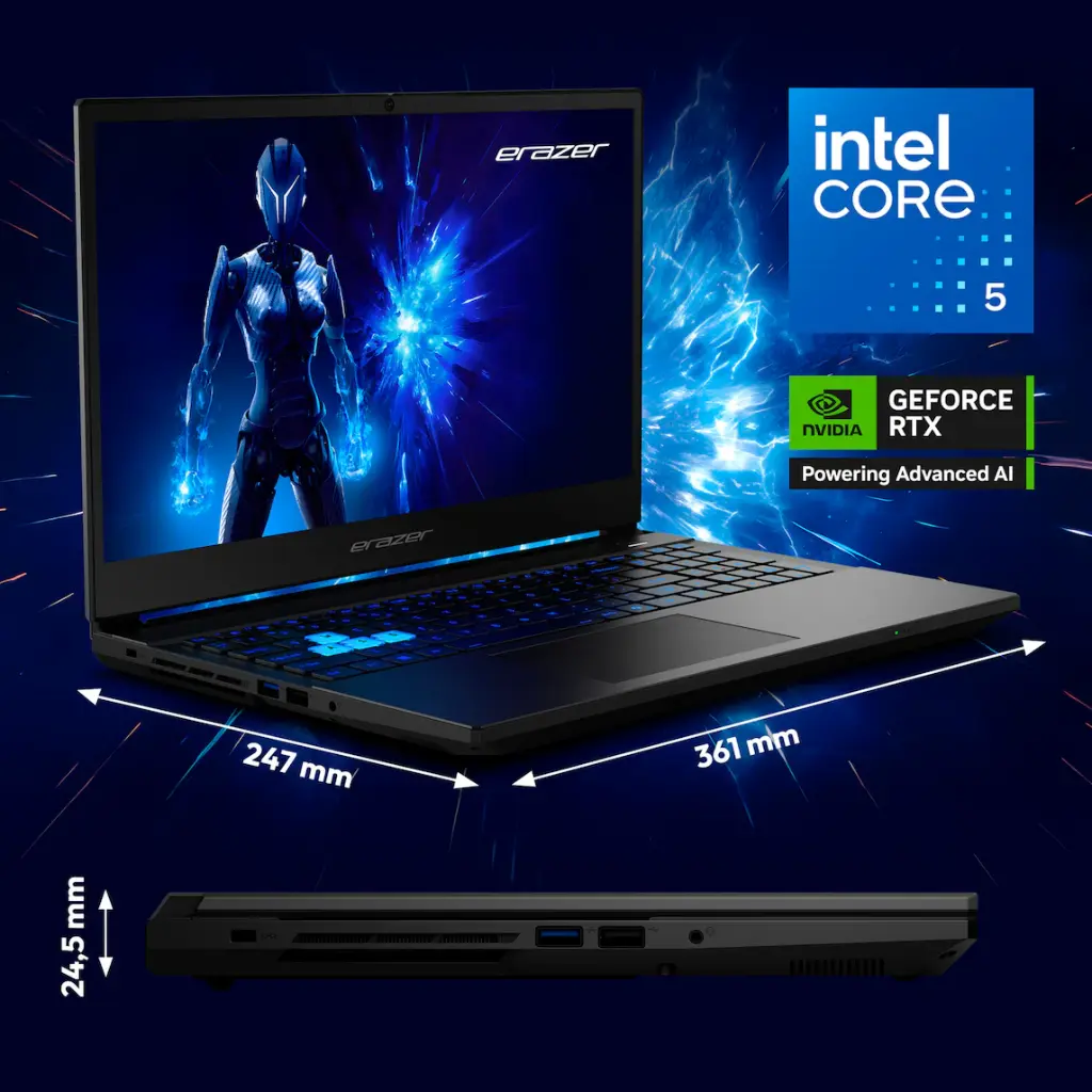PC portable gamer ERAZER Deputy P1 15 pouces Intel Core 5 210H RTX 5060 16Go DDR5 écran 144Hz SSD 1To design gaming performant
