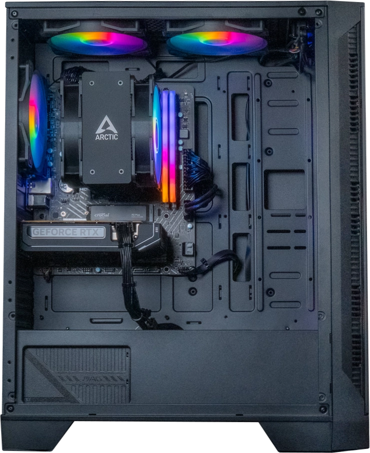 Vue d'ensemble PC gamer Typhoon FlowUP avec éclairage ARGB complet, ventirad Arctic Freezer 36 et carte graphique NVIDIA GeForce RTX 5050 8GB