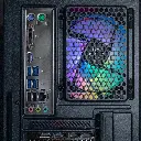 Panneau de connectique arrière du PC gamer Typhoon FlowUP présentant les ports USB, sorties vidéo HDMI et DisplayPort, et prises audio