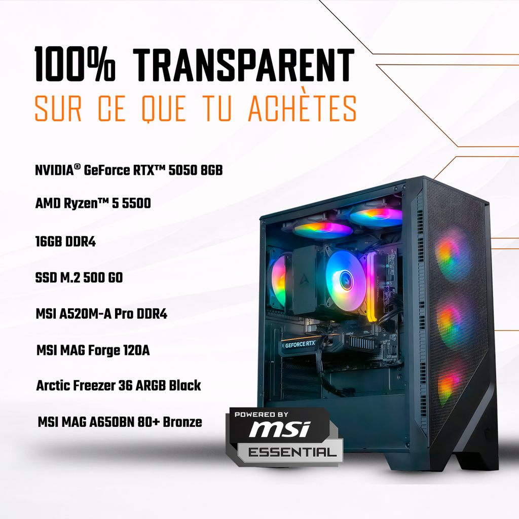Fiche technique détaillée du PC gamer Typhoon FlowUP : NVIDIA RTX 5050 8GB, AMD Ryzen 5 5500, 16Go RAM et SSD 500Go