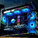Vue d'angle intérieure du PC gamer Rainbow V2 GEFORCE RTX™ 5070 Ti avec neuf ventilateurs ARGB et watercooling
