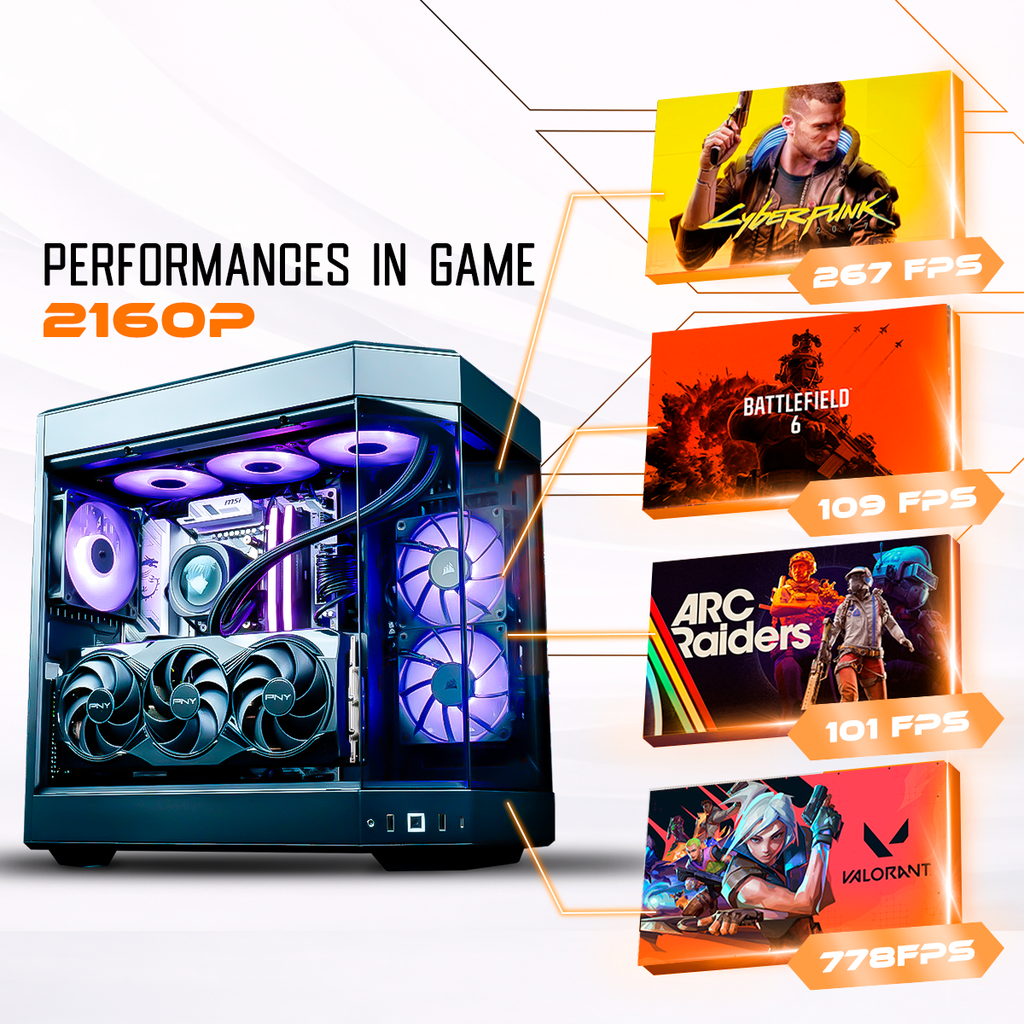 PC gamer Orion GeForce RTX™ 5080 noir RGB violet performances gaming 2160p 4K FPS élevés Cyberpunk Battlefield 6 Valorant Arc Raiders 32Go DDR5 SSD 2To