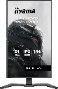 Vue de face de l'écran PC gamer iiyama 24 pouces affichant un casque de pilote futuriste noir et des spécifications techniques comme 144Hz et IPS