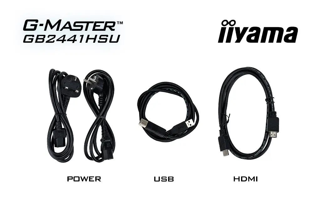 Présentation des accessoires inclus avec le moniteur iiyama G-Master GB2441HSU comprenant les câbles d'alimentation USB et HDMI sur fond blanc