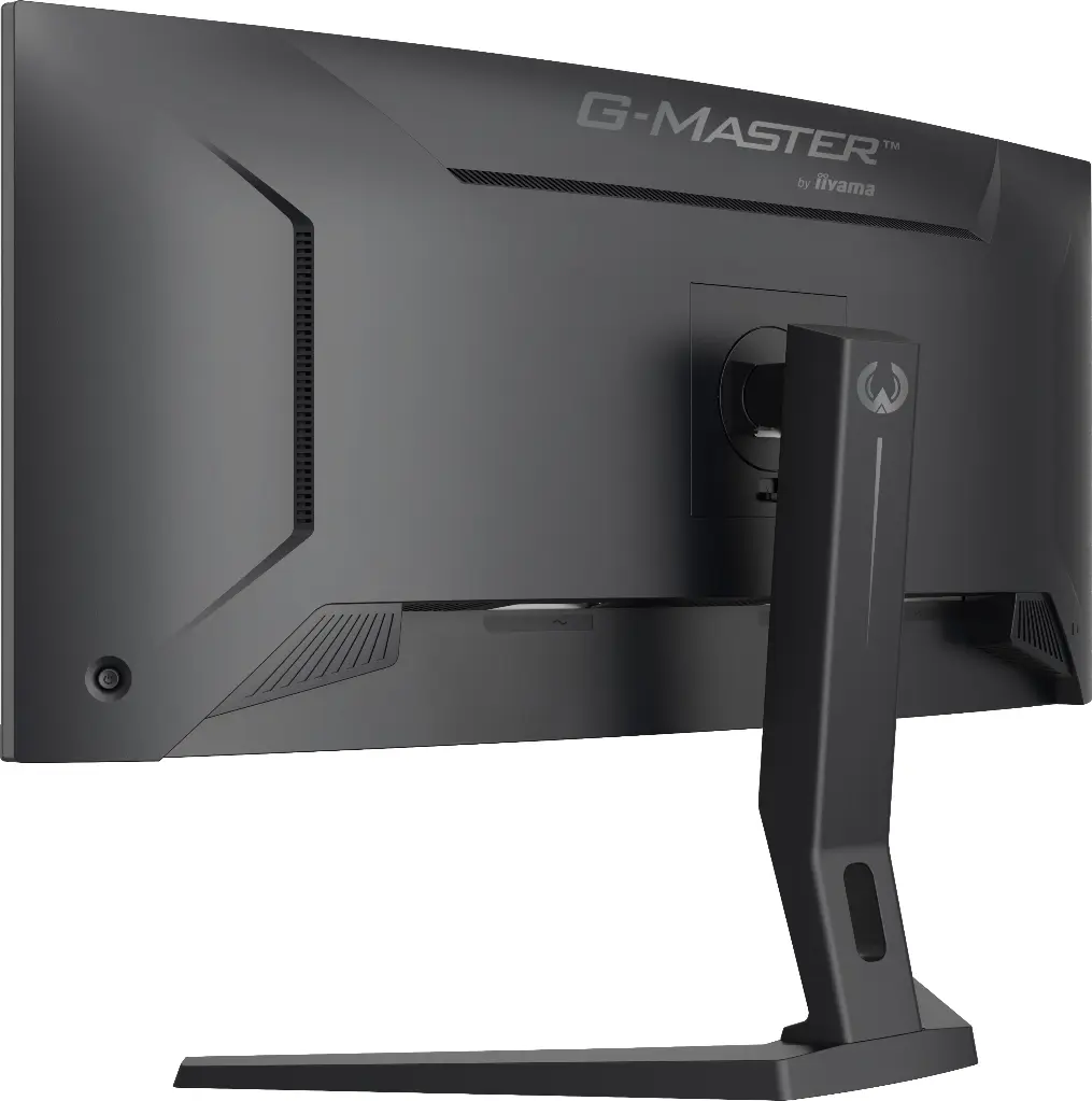 Vue de trois-quarts arrière de l'écran PC gamer incurvé IIyama G-Master GCB3486WQSCP-B1 Gold Phoenix avec pied ergonomique pour setup FlowUP