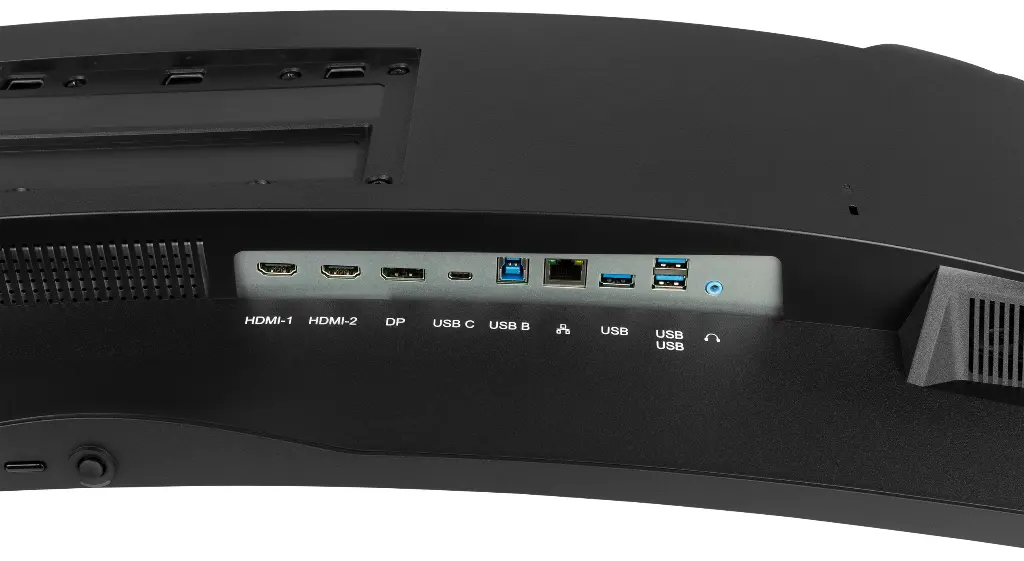 Connectiques arrière écran PC gamer IIyama 45 pouces DQHD 5120x1440 incurvé 165Hz avec HDMI DisplayPort USB et RJ45