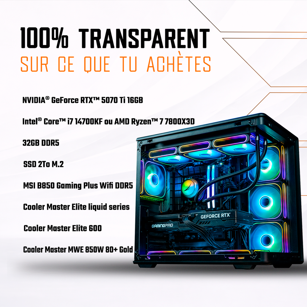 Fiche technique détaillée du PC gamer Rainbow V2 GEFORCE RTX™ 5070 Ti incluant Intel Core i7 14700KF, 32GB DDR5 et SSD 2 To