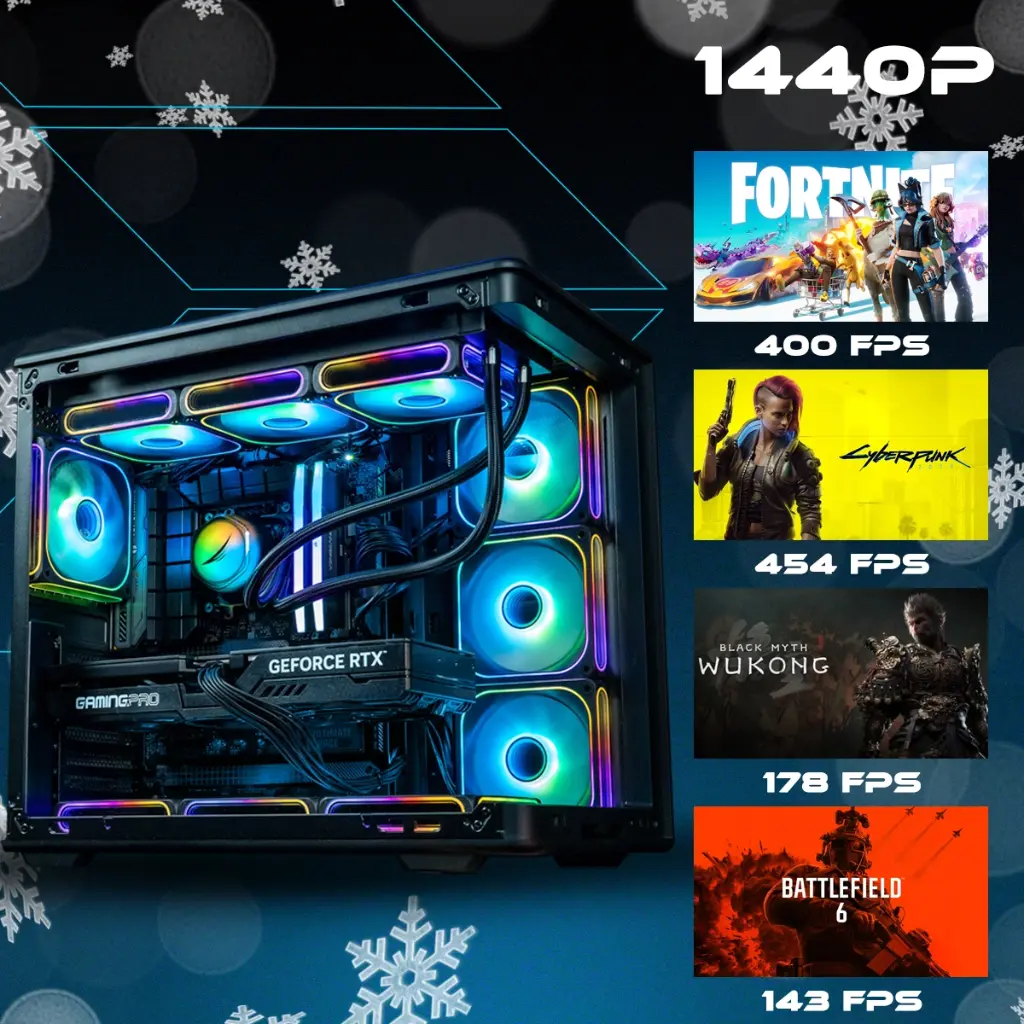 PC gamer Rainbow V2 GEFORCE RTX™ 5070 Ti avec éclairage ARGB arc-en-ciel et performances 1440p surdes jeux comme Fortnite et Cyberpunk