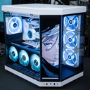 Vue d'ensemble du PC gamer Touch Ultimate GEFORCE RTX™ 5080 blanc avec boîtier Hyte, écran LCD 2K et éclairage ARGB bleu