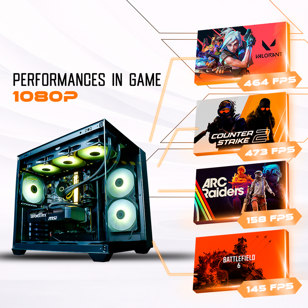 Visuel promotionnel du PC gamer Fuego affichant ses performances en 1080p : 464 FPS sur Valorant, 473 FPS sur Counter Strike 2, 158 FPS sur ARC Raiders et 145 FPS sur Battlefield 6