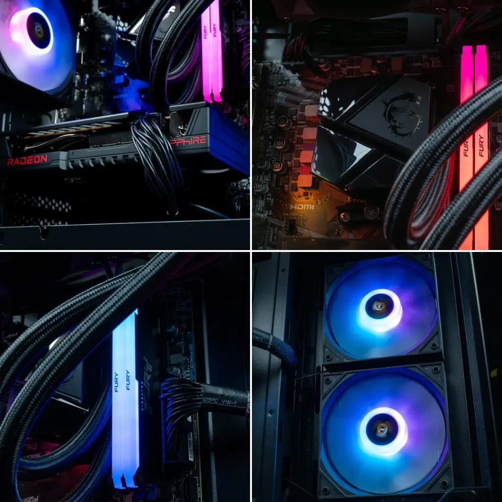 ue intérieure détaillée du PC Nightwing avec waterblock MSI, mémoire vive Kingston FURY RGB et carte graphique Sapphire Radeon