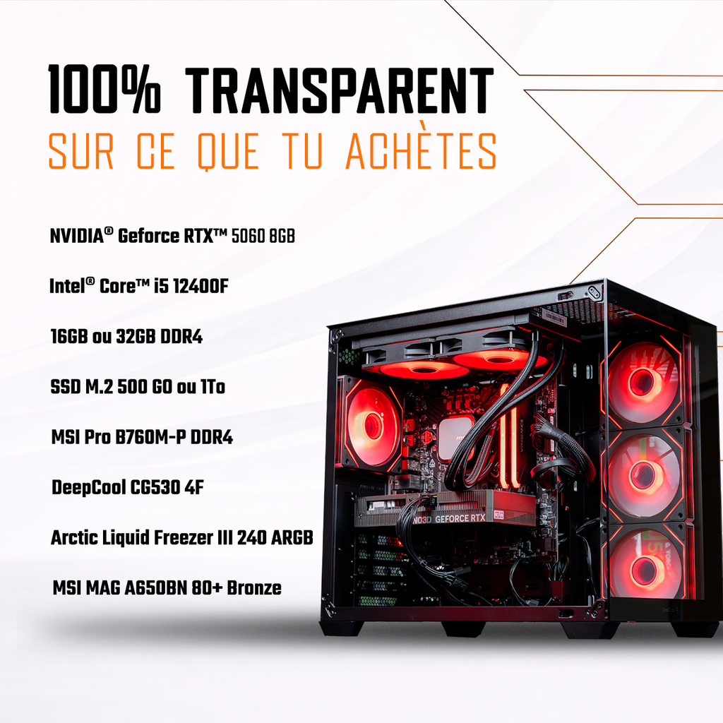Fiche technique du PC gamer Banger : NVIDIA GeForce RTX 5060 8GB, Intel Core i5 12400F, watercooling Arctic Liquid Freezer III 240 ARGB et boîtier Deepcool