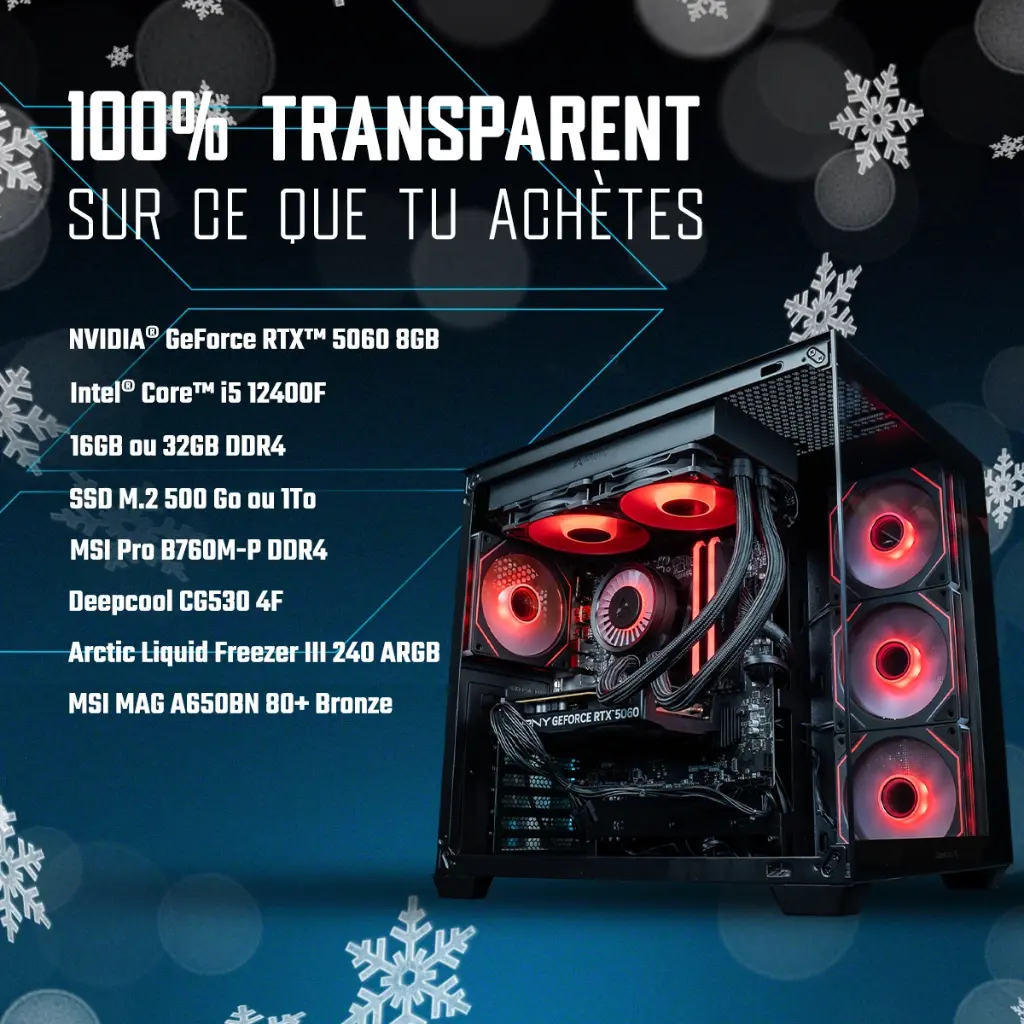 Fiche technique du PC gamer Banger : NVIDIA GeForce RTX 5060 8GB, Intel Core i5 12400F, watercooling Arctic Liquid Freezer III 240 ARGB et boîtier Deepcool