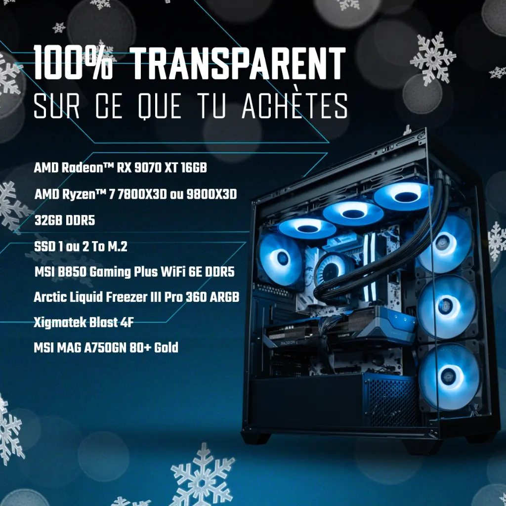 PC Gamer FlowUP avec carte graphique AMD Radeon RX 9070 XT et processeur Ryzen 7 9800X3D dans un boîtier Xigmatek Blast 4F