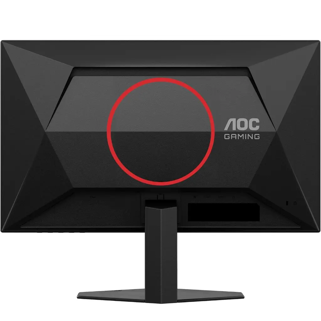 Vue arrière de l'écran PC gamer AOC 25G4SRE montrant son châssis noir angulaire avec le logo AOC GAMING et un cercle rouge décoratif central