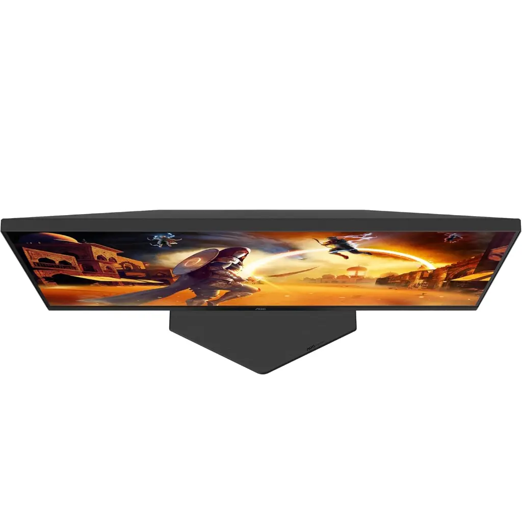 Vue arrière de l'écran gamer AOC 25G4SRE montrant son châssis noir aux lignes angulaires avec le logo AOC GAMING gris sur la droite