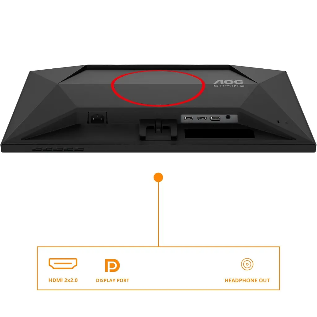 Vue de dessous de l'écran PC gamer AOC 25G4SRE montrant le port d'alimentation ainsi que les deux entrées HDMI, le DisplayPort et la prise casque