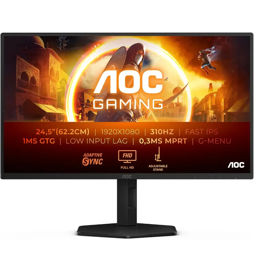 Vue de face de l'écran PC gamer AOC 25 pouces 25G4SRE affichant un guerrier oriental et ses spécifications extrêmes de 310Hz et 0,3ms MPRT