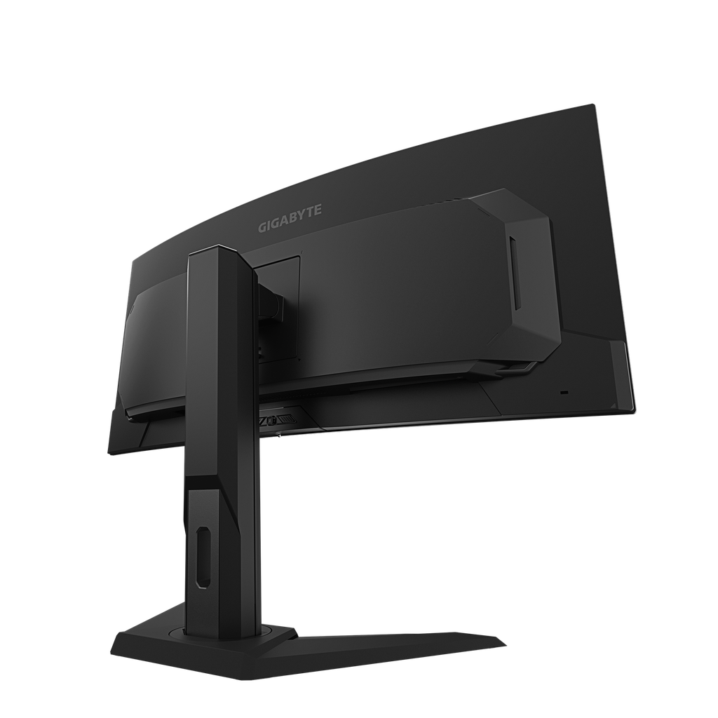 Vue arrière de trois-quarts de l'écran PC gamer incurvé Gigabyte 34 pouces montrant son pied ergonomique noir et son design moderne pour setup FlowUP