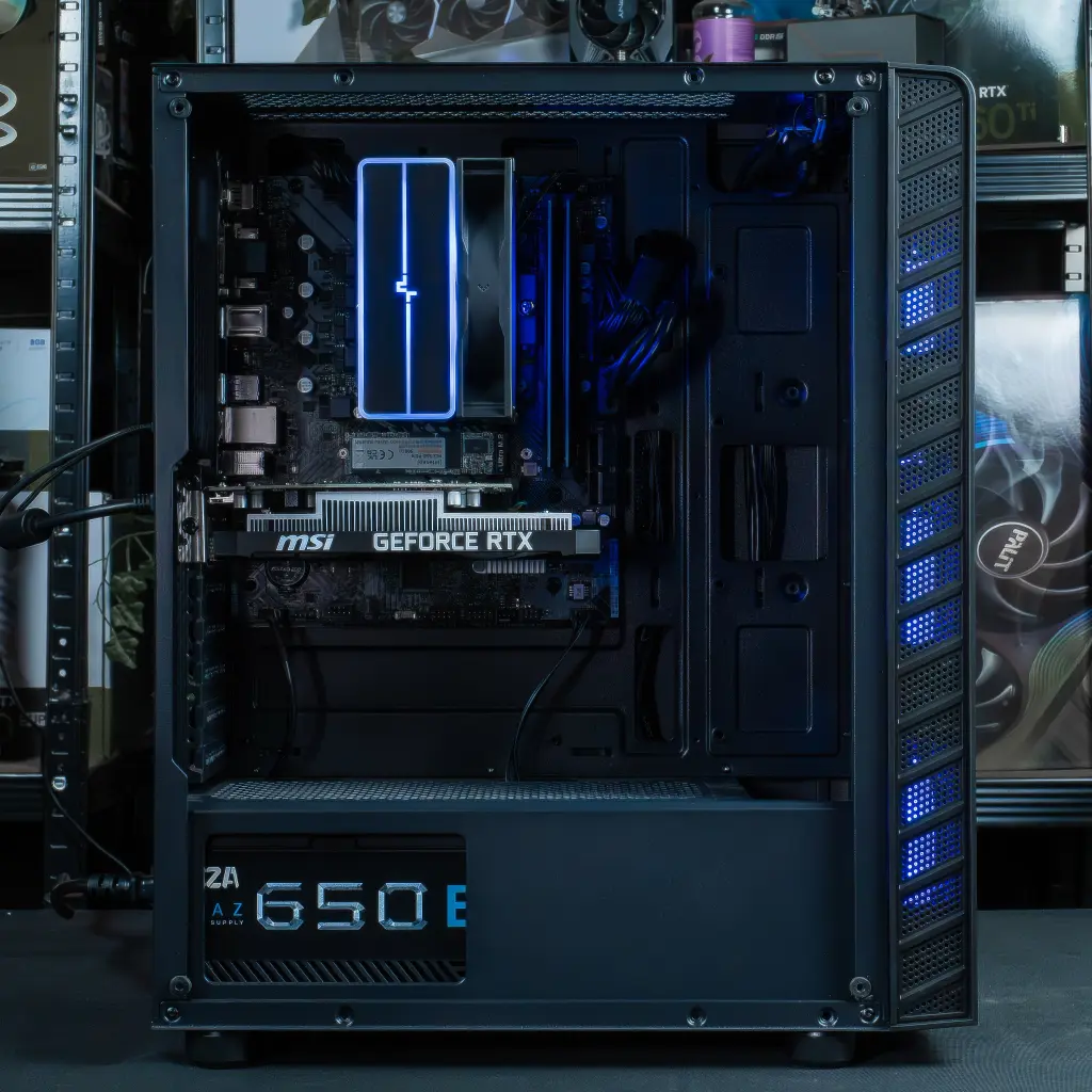 PC gamer Bengal FlowUP avec boîtier panoramique, éclairage bleu et alimentation Azza 650W Bronze