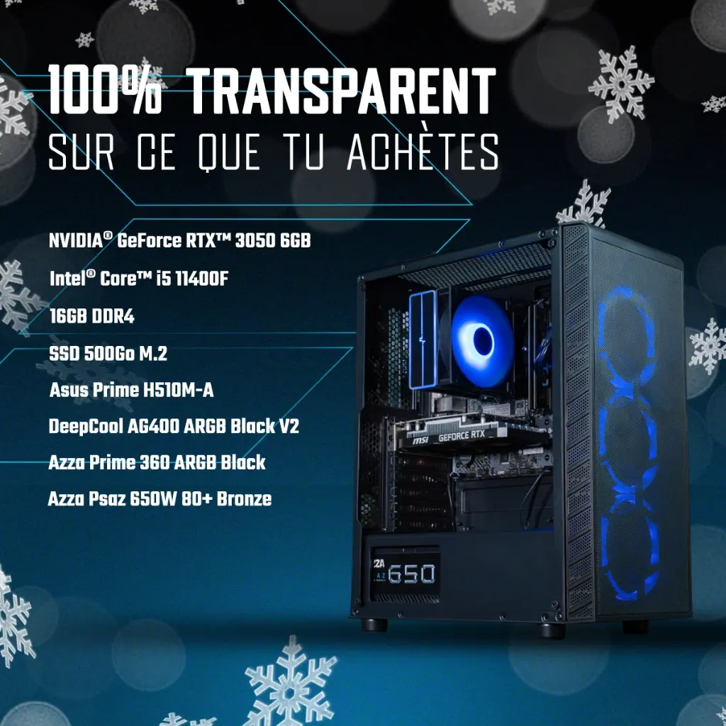 Composants du PC gamer Bengal FlowUP : NVIDIA RTX 3050, Intel Core i5-11400F et 16Go de RAM DDR4