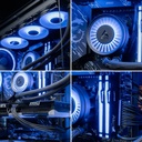Quatre vues détaillées du PC gamer Ascent X3D montrant le waterblock Arctic Liquid Freezer III, la mémoire RAM Kingston FURY et la carte graphique MSI