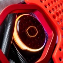 Vue rapprochée du waterblock Cooler Master avec éclairage circulaire orange à travers la structure perforée rouge du PC gamer Sneaker X GEFORCE RTX™ 5070 Ti
