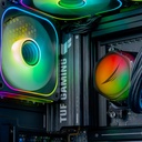 Détail du radiateur de la carte mère TUF Gaming et du waterblock ARGB du PC gamer SHADOW by Helena Claris