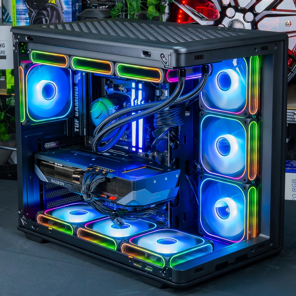 Vue d'ensemble des composants du PC gamer SHADOW Radeon™ RX 9070 XT by Helena Claris avec éclairage ARGB arc-en-ciel