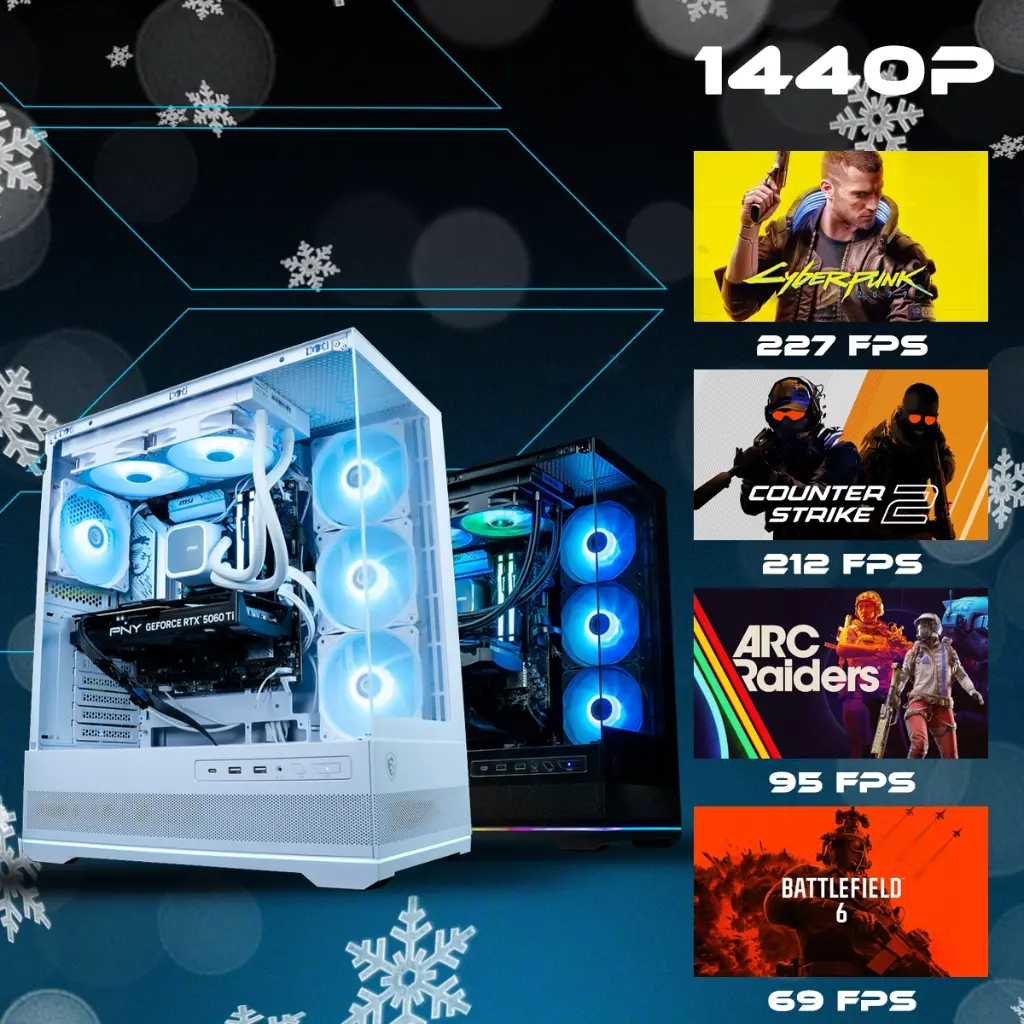 Visuel promotionnel du PC gamer Rubis affichant ses performances en 1440p : 227 FPS sur Cyberpunk, 212 FPS sur Counter Strike 2, 95 FPS sur ARC Raiders et 69 FPS sur Battlefield 6