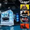 Visuel promotionnel du PC gamer Rubis affichant ses performances en 1440p : 227 FPS sur Cyberpunk, 212 FPS sur Counter Strike 2, 95 FPS sur ARC Raiders et 69 FPS sur Battlefield 6