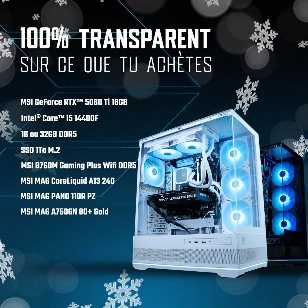 Fiche technique du PC gamer Rubis : carte graphique MSI GeForce RTX 5060 Ti 16GB, processeur Intel Core i5-14400F, 16 ou 32Go de RAM DDR5, SSD 1To M.2, carte mère MSI B760M Gaming Plus Wifi et refroidissement MSI MAG CoreLiquid A13 240 dans un boîtier MSI MAG PANO 110R PZ