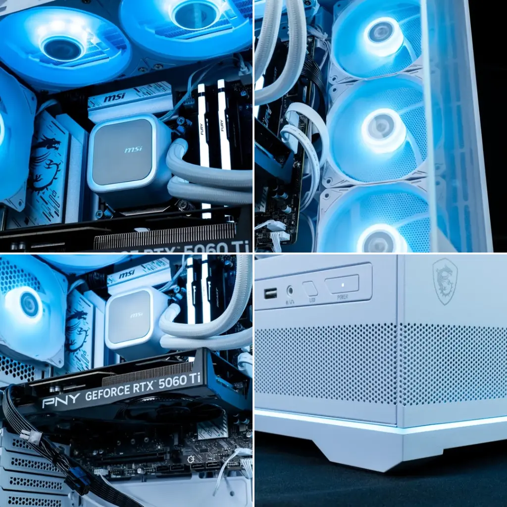 Vue multi-angles du PC gamer Rubis montrant le waterblock MSI, les trois ventilateurs de façade bleus, la carte graphique PNY GeForce RTX et le bouton POWER sur le châssis blanc