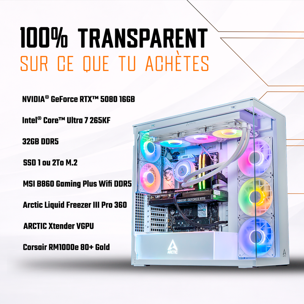 Fiche technique du PC gamer Arctic GEFORCE RTX™ 5080 incluant processeur Intel Core Ultra 7 265KF, 32GB DDR5 et watercooling Arctic Liquid Freezer III