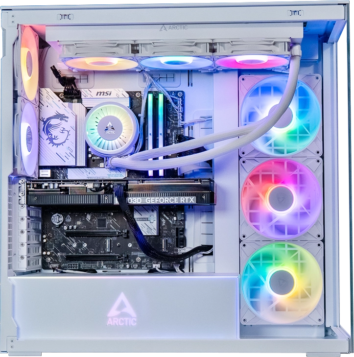 Vue intérieure complète du PC gamer Arctic GEFORCE RTX™ 5080 avec carte graphique MSI, watercooling Arctic Liquid Freezer III et ventilateurs ARGB boitier blanc