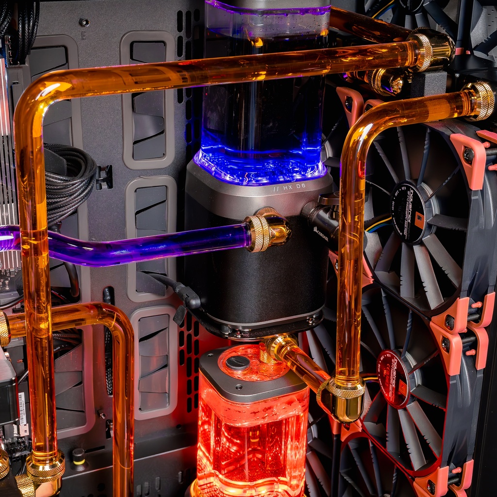 Réservoir et pompe watercooling custom PC TITAN X double RTX 5090 tubes rigides RGB refroidissement liquide extrême