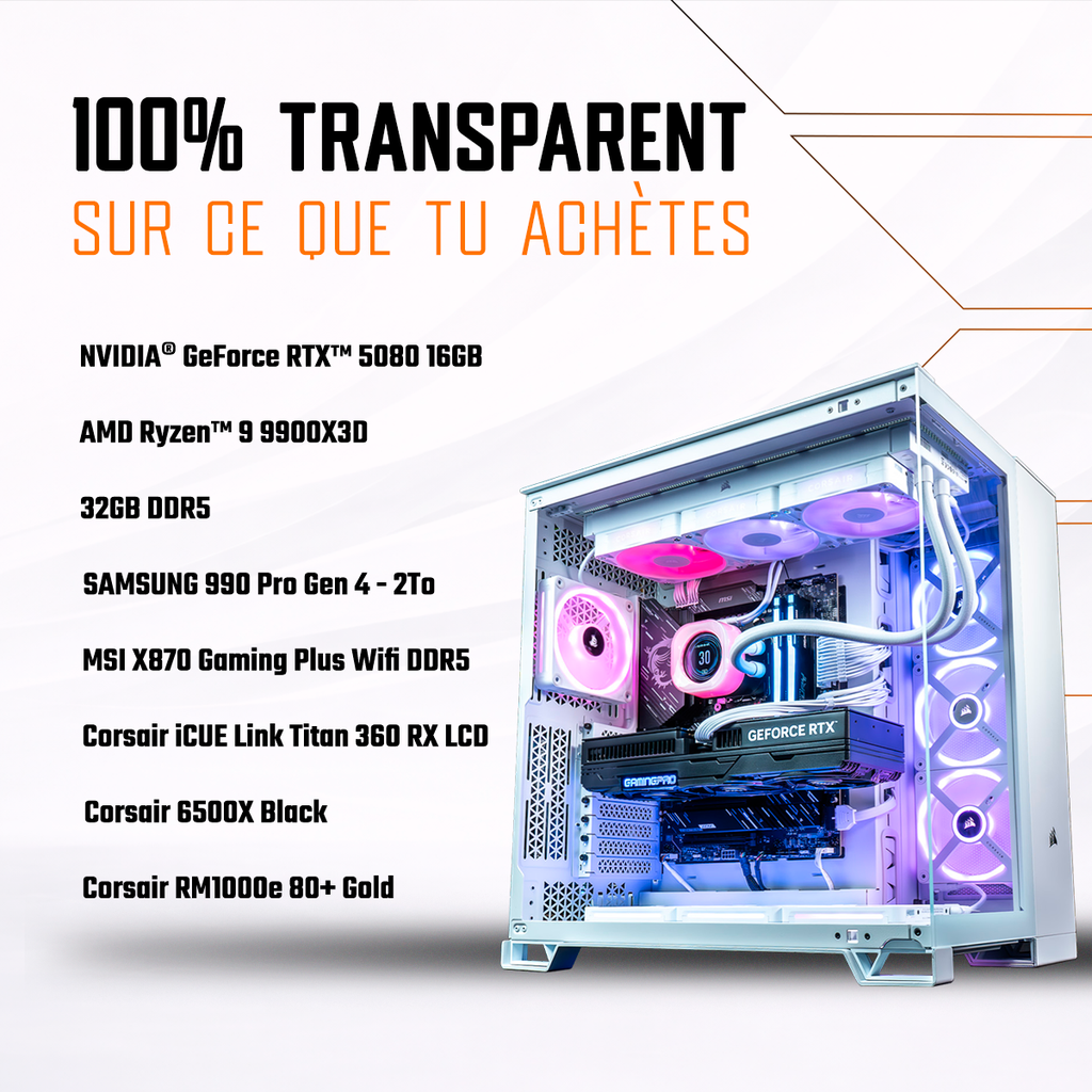 PC gamer Mountain GeForce RTX™ 5080 blanc 32Go DDR5 SSD 2To Samsung 990 Pro configuration gaming 4K ultra hautes performances Corsair
